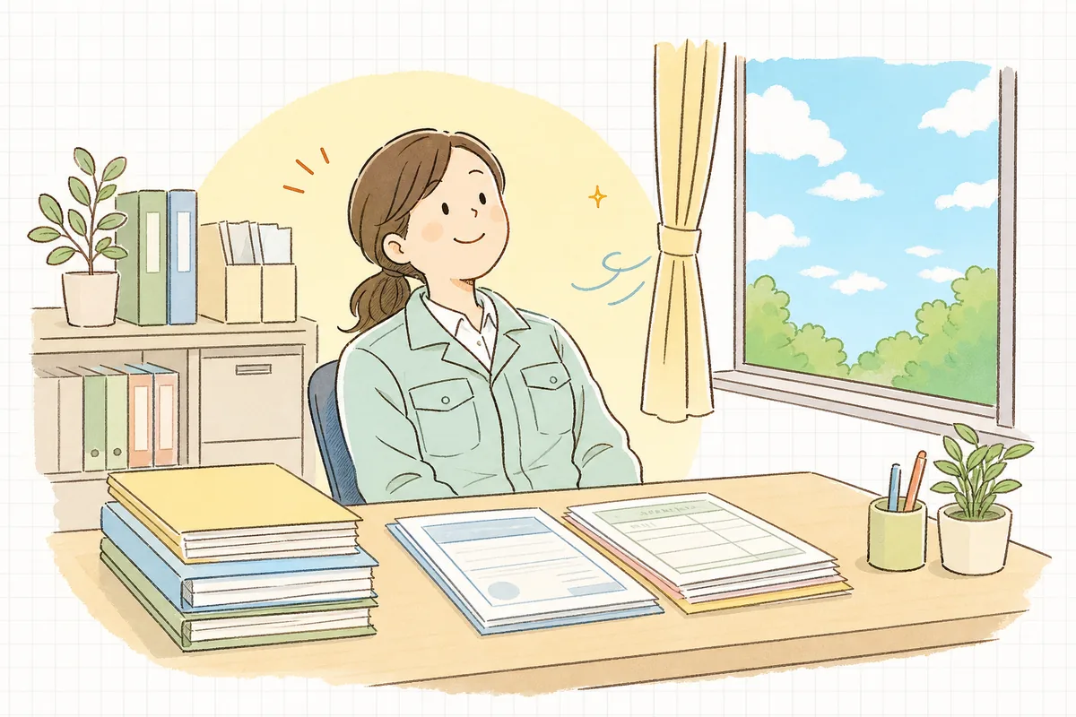 受託者欄を書き終えて許可証の写しと照合を終え、伝票を整えてほっと一息つく産廃の事務担当者