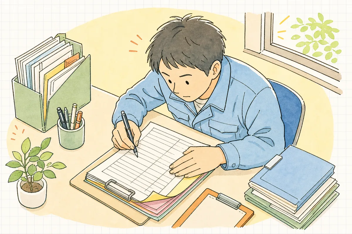 複写式の管理票を一項目ずつ指で確かめながら記入する産廃の現場担当者