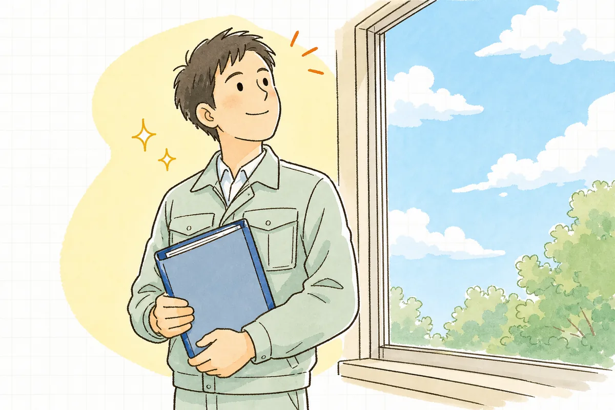 記入を終えた管理票の控えをファイルにまとめ、窓辺で晴れた空を見上げてほっと一息つく産廃の現場担当者