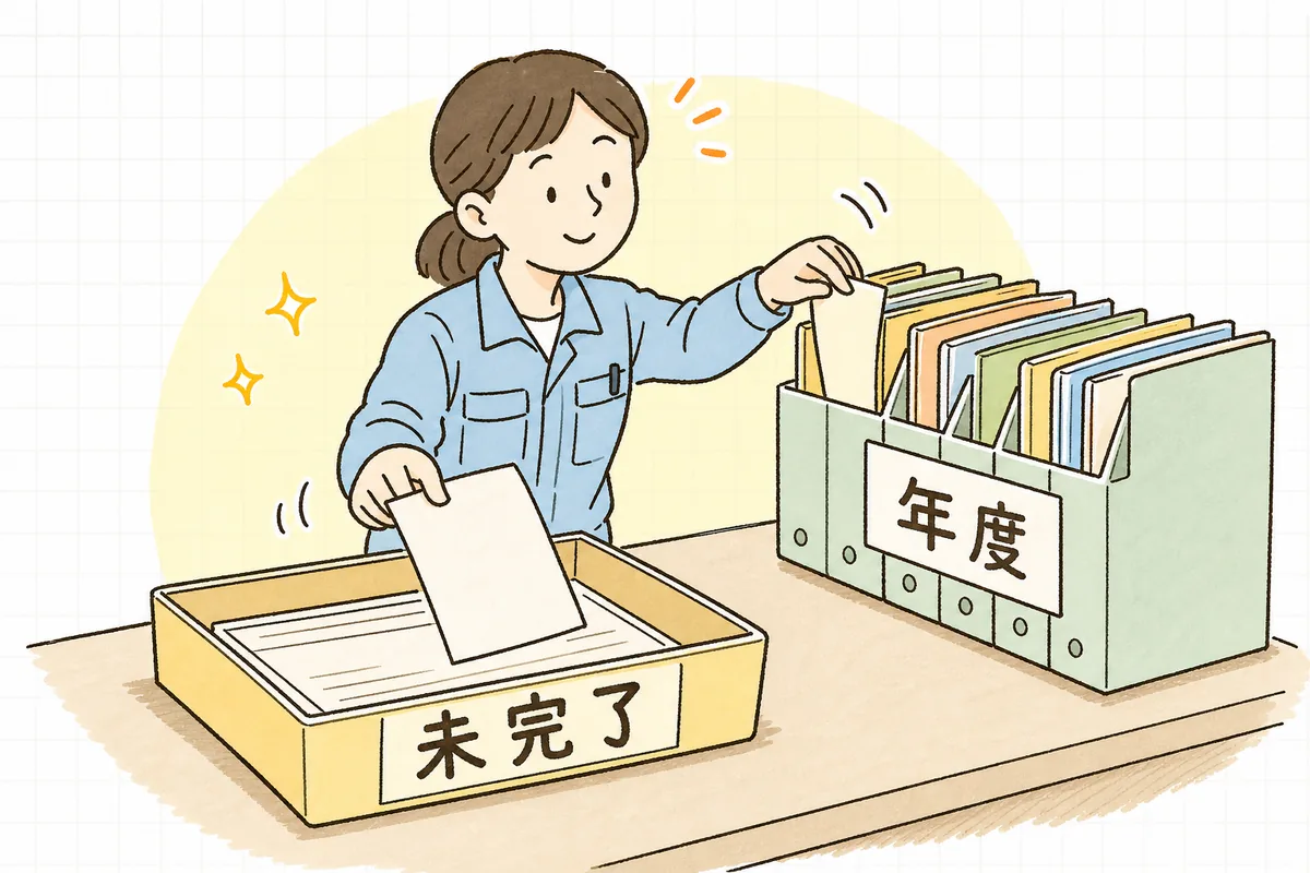 未完了トレーと年度ファイルを分けて、戻ってきた票を移し替える動きを確かめる産廃の事務担当者