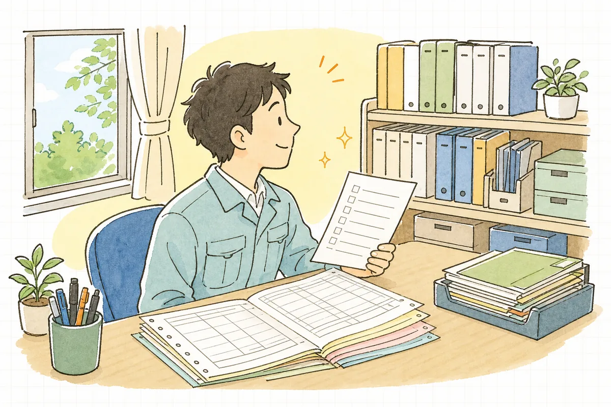 交付・返送・保存の流れが1枚にまとまった確認シートを手に、机の書類とファイルを見比べてうなずく産廃の現場担当者