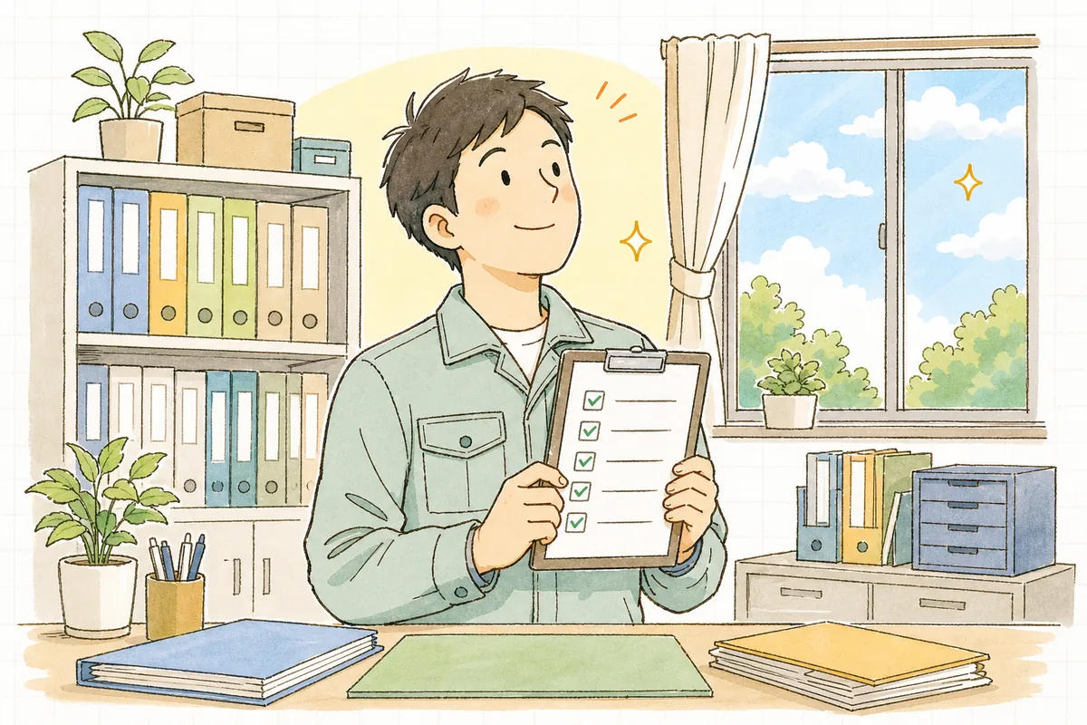 チェックの済んだ確認シートを手に、整った机とファイル棚を背にしてほっと一息つく産廃の現場担当者