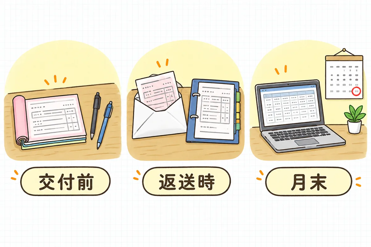 マニフェストのチェックを3つの場面に分けた図。左は伝票を二人で見比べる机、中央は封筒から戻ってきた伝票と控えを並べた机、右は一覧表の画面と月めくりカレンダー
