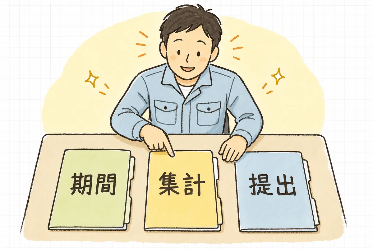 期間・集計・提出という3つの段階を表すフォルダを左から順に確かめる排出事業者の担当者