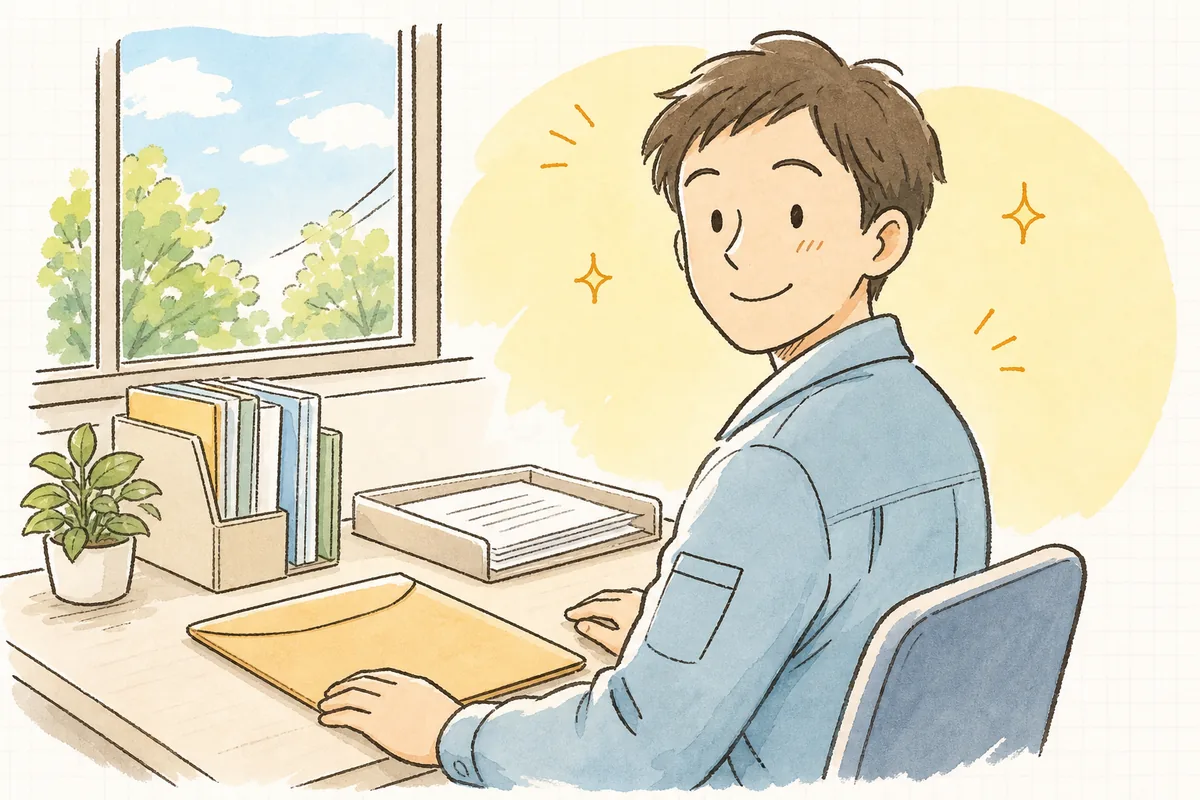 まとめ終えた報告書を封筒に収め、肩の力が抜けて穏やかな笑みを見せる排出事業者の担当者