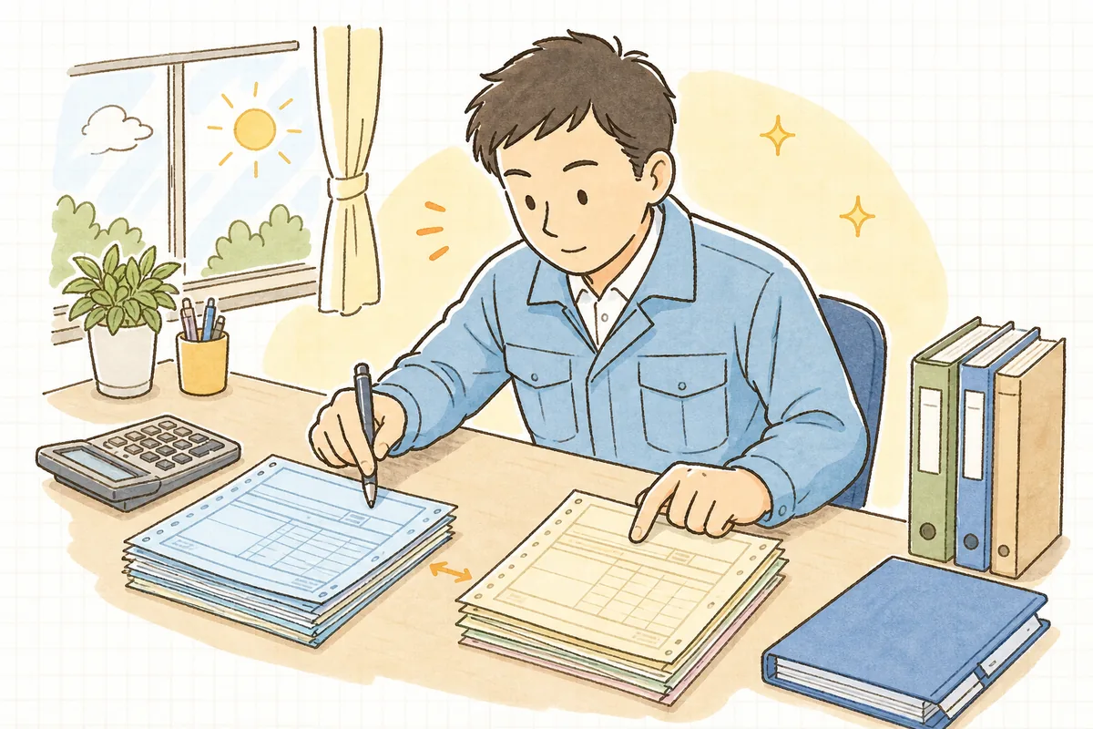 手元に一次マニフェストと二次マニフェストの控えを並べ、対応関係を確かめている中間処理業者の事務担当者