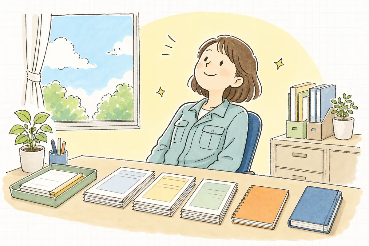 一次と二次の対応表を整え終え、机の上をきれいにそろえてほっと一息つく中間処理業者の事務担当者