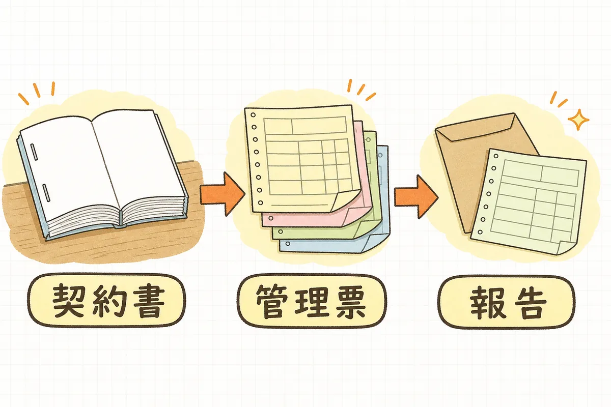 委託契約書から管理票へ最終処分の場所を書き写し、処分後に報告が戻ってくる流れを左から右へ矢印でつないだ図
