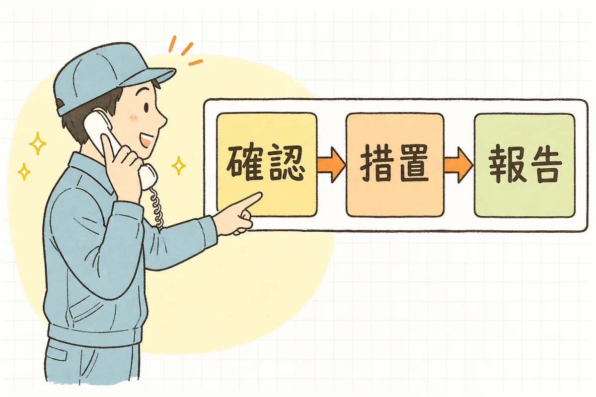 排出事業者から委託先へ電話で処理状況を確認し、その結果を報告書へつなげる3つのステップを指でたどる廃棄物管理担当者