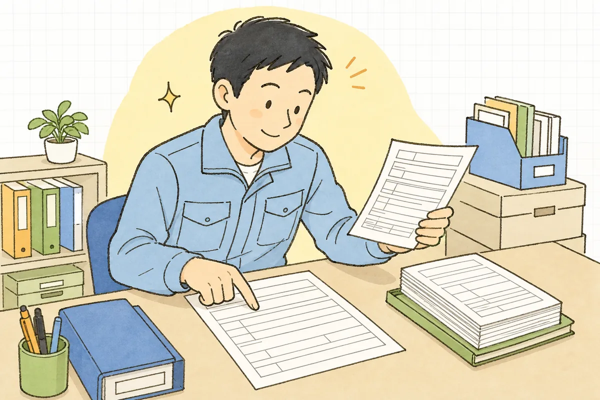 措置内容等報告書の記入欄を上から順に指でなぞりながら、控えを見て埋めていく廃棄物管理担当者