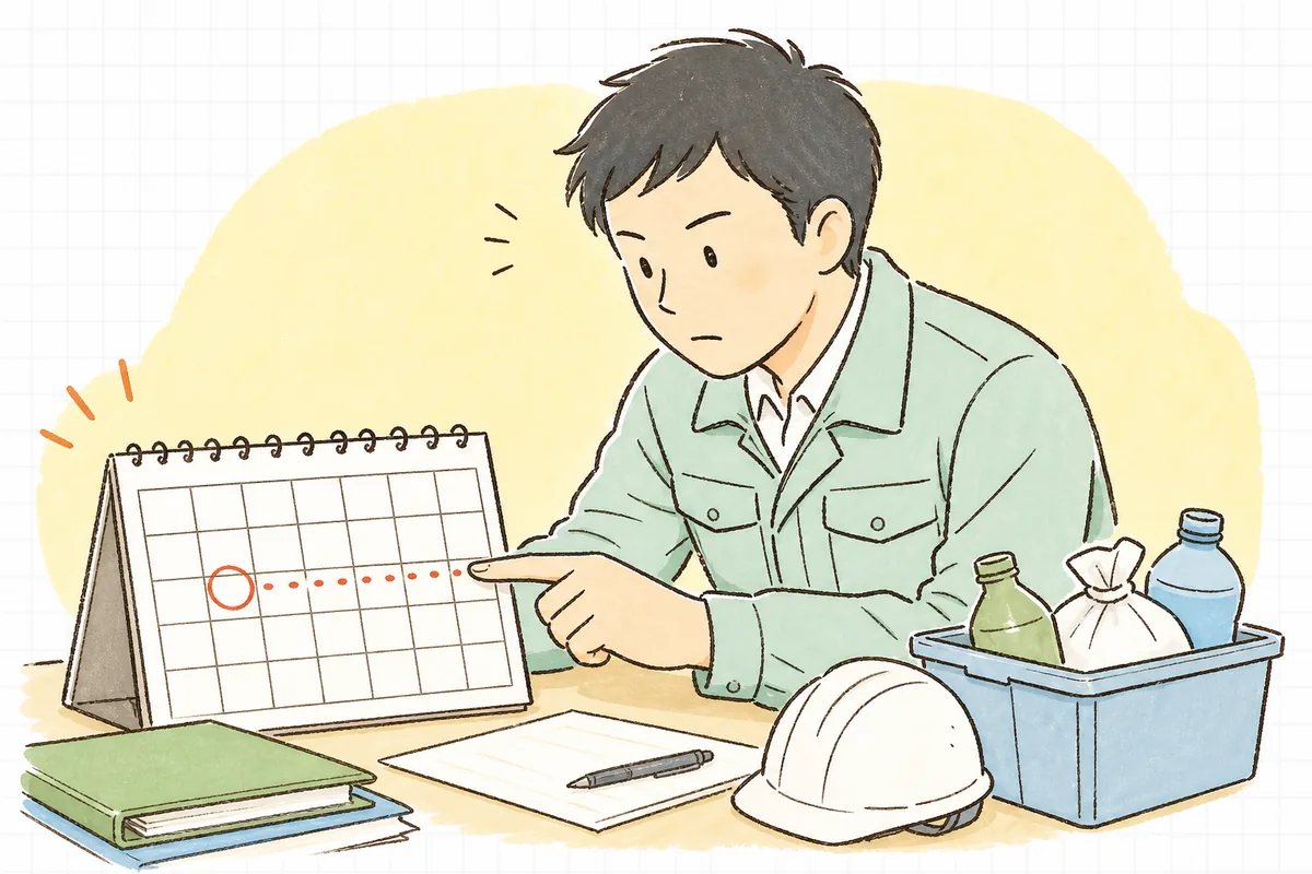 カレンダー上で返送期限の日に印をつけ、そこからさらに30日先まで指でたどって報告の締切を確かめる廃棄物管理担当者