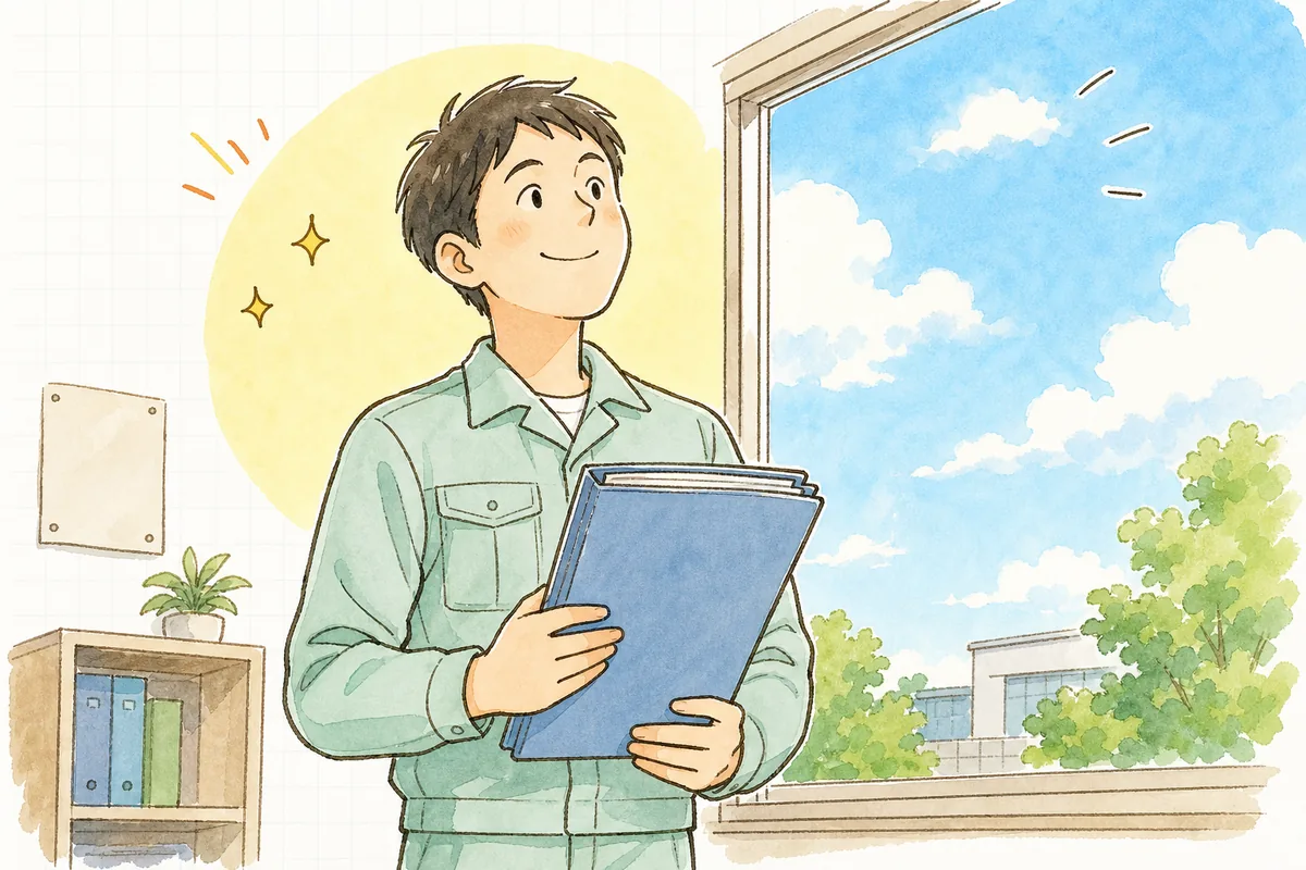 報告書と控えをファイルにとじ終え、窓辺で晴れた空を見上げてほっと一息つく廃棄物管理担当者