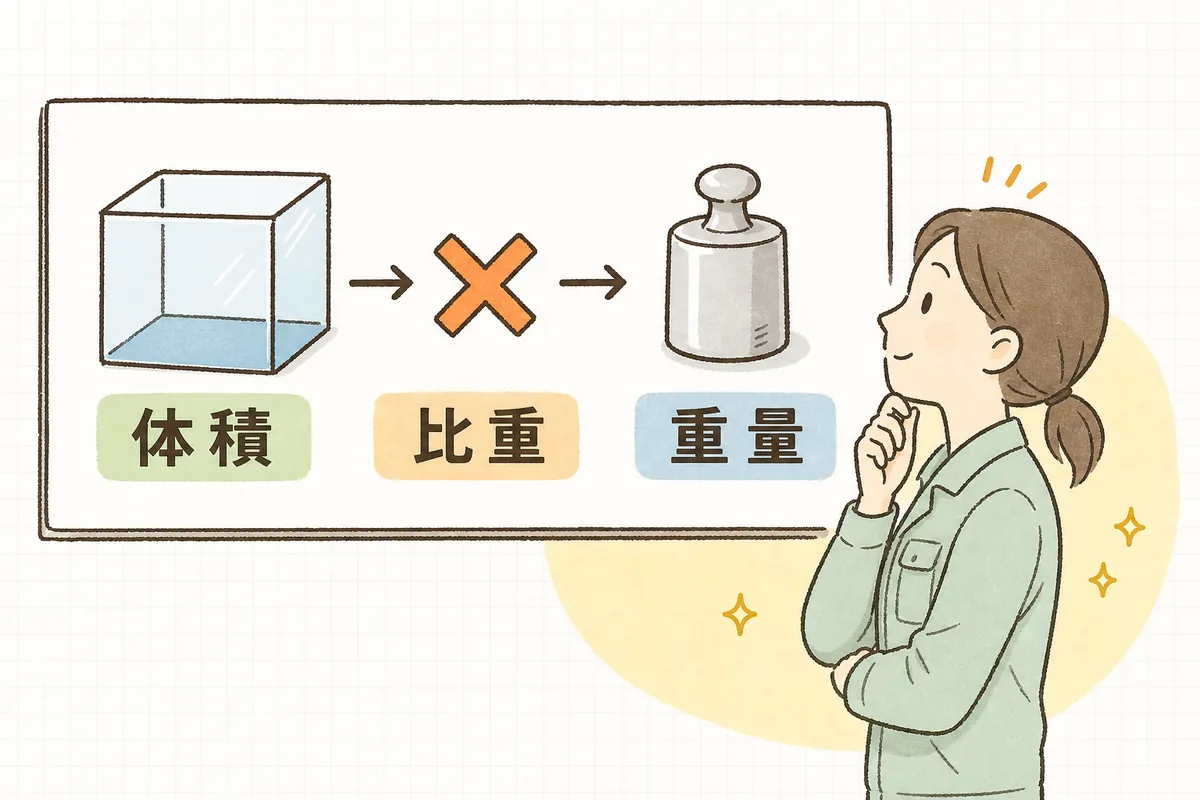 体積(リューベ)に比重をかけると重量(トン)になる、という換算の関係を示した概念図