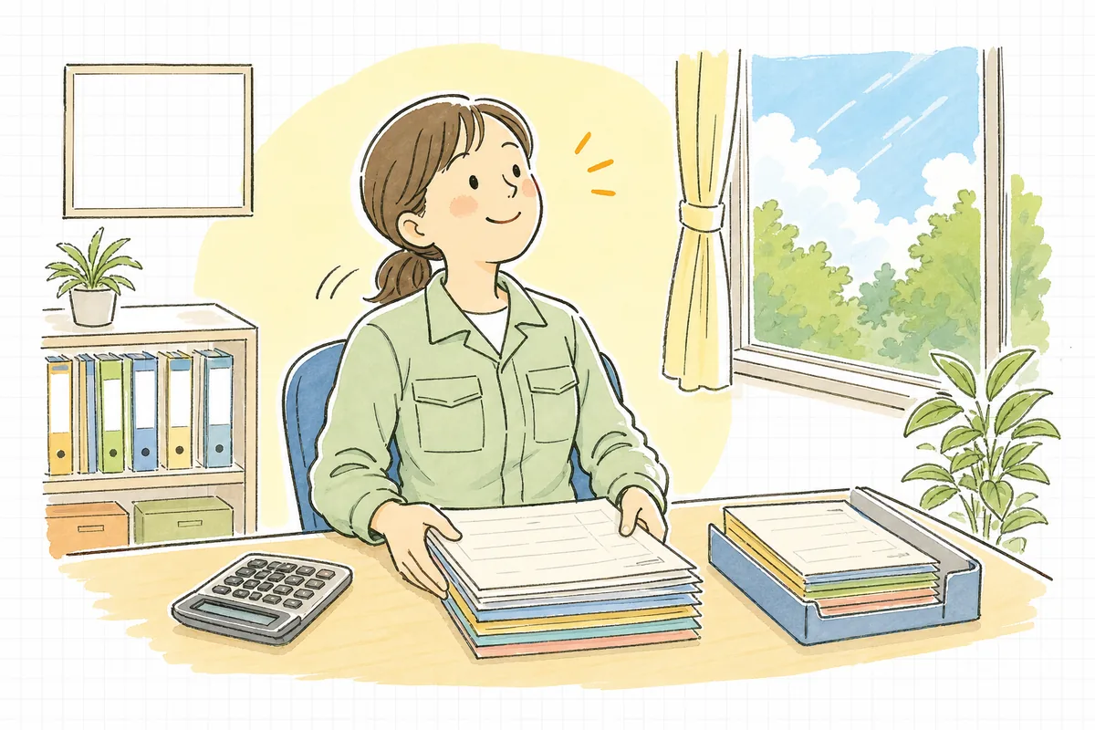 数量欄を書き終えて単位もそろい、伝票を整えてほっと一息つく産廃の事務担当者