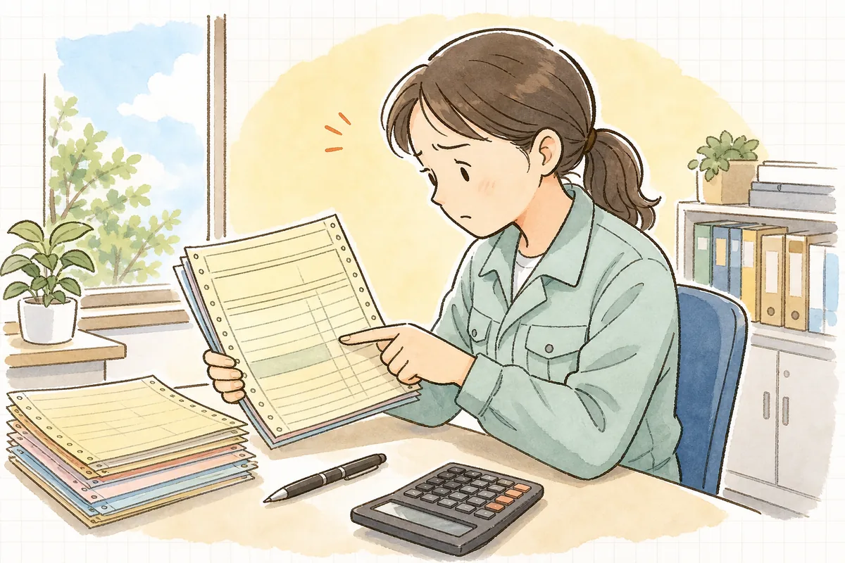 交付済みのマニフェスト控えの数量欄を指さし、書き間違いに気づいて表情を曇らせる産廃の事務担当者