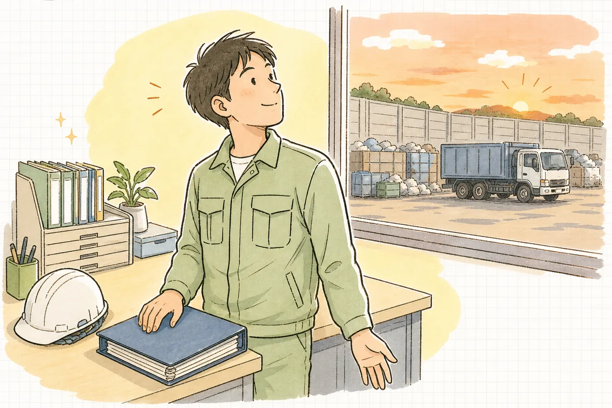 夕方のヤードで、マニフェストの控えを綴じたバインダーを閉じて、ほっとした表情で顔を上げている産廃収集運搬会社の担当者