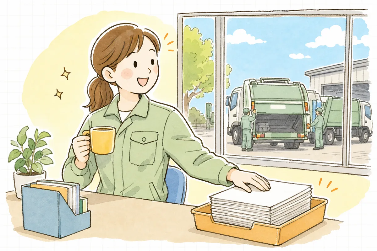 朝の事務所で、報告を終えた書類をトレーに入れ、窓の外の晴れた空を見ながら笑顔でコーヒーを手にする収集運搬業者の事務担当者