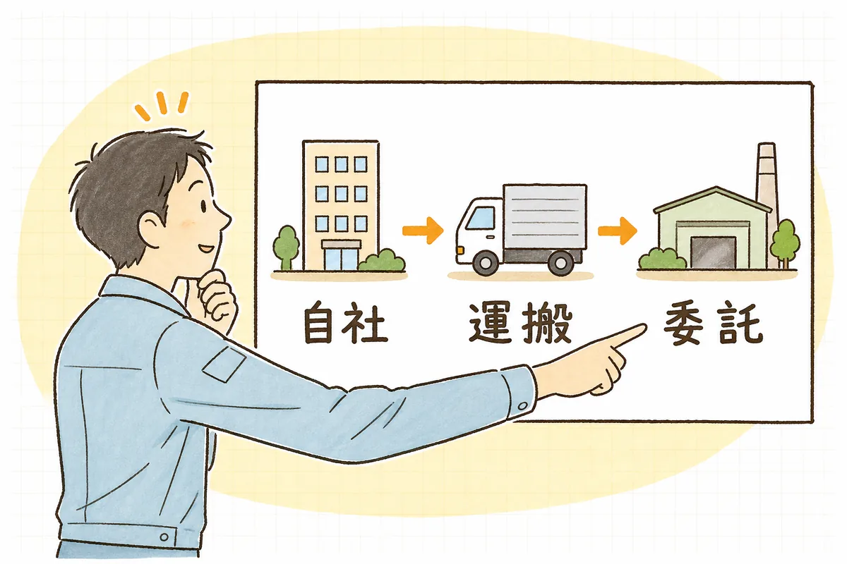 運搬は自社でも処分は業者に委託する場合、委託した処分の部分にはマニフェストが必要になることを示す流れ図