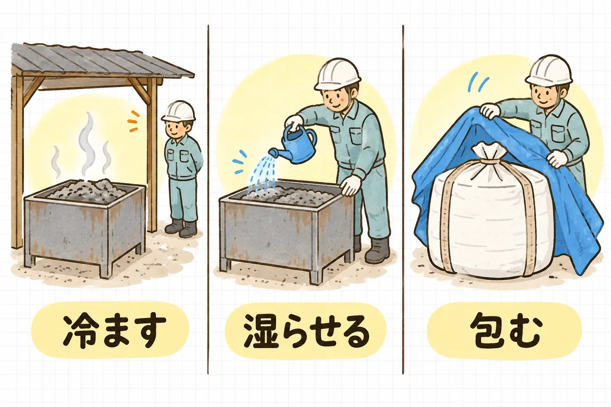 灰を屋根の下で冷ます、じょうろで軽く湿らせる、フレコンバッグに入れて口を閉じシートで包む、の3ステップを左から右へ並べた図