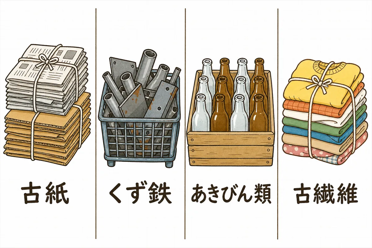 古紙・くず鉄・あきびん類・古繊維という専ら物の4品目を横並びに示した図