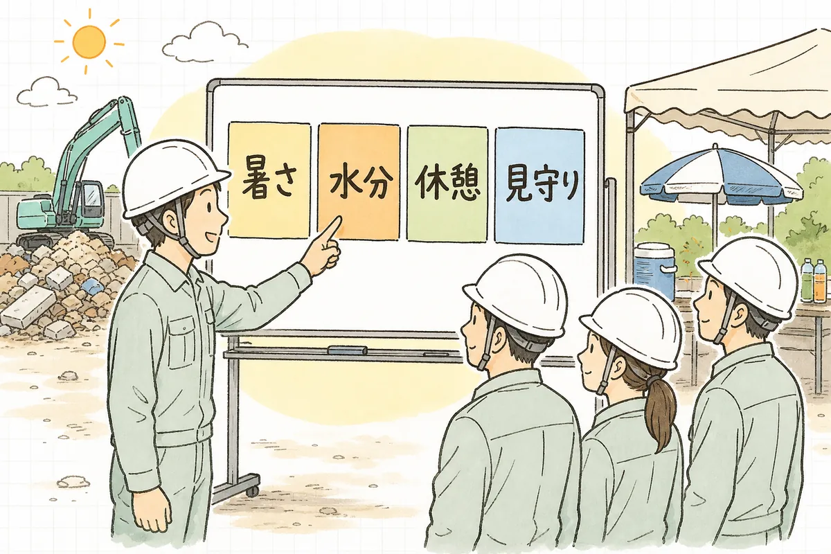 暑さ・水分・休憩・見守りという熱中症対策の4つの柱を朝礼で順番に確かめ合う夏の産廃現場の担当者たち