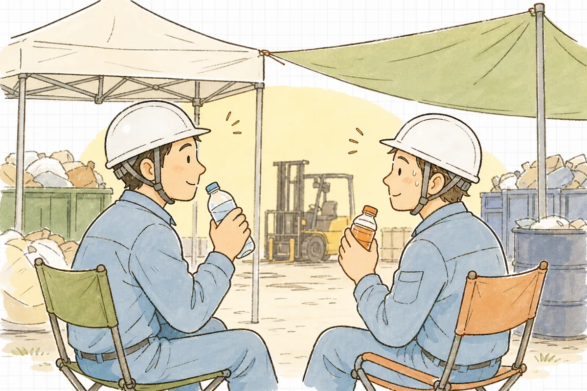 夏の屋外の産廃現場で、日陰の休憩スペースに集まり水分を取りながらお互いの体調を気づかい合う作業着姿の担当者たち