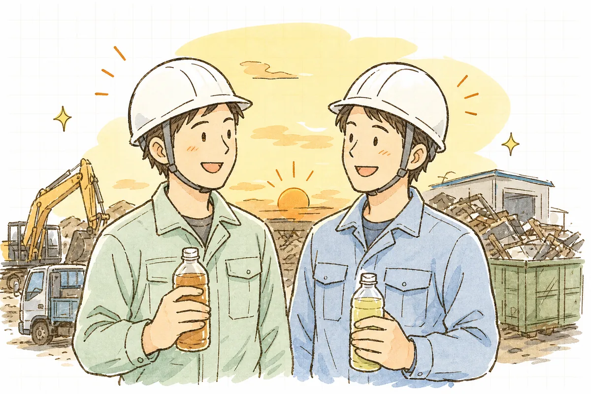 夏の日暮れどき、暑さと粉じんの一日を無事に終えて集積場のわきで仲間と労い合い、水分を取りながらほっと笑顔を見せる産廃の現場担当者