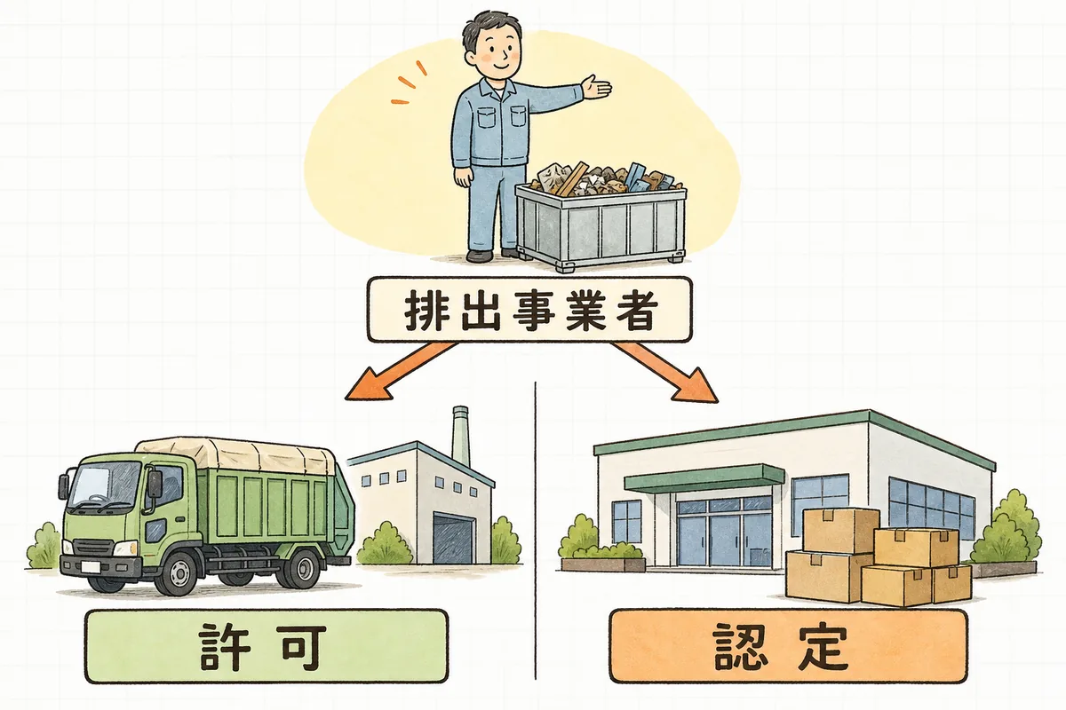 排出事業者から廃棄物が出る先が、許可を持つ処理業者へ向かう道と、認定を受けた事業者へ向かう道の2つに分かれることを示した図