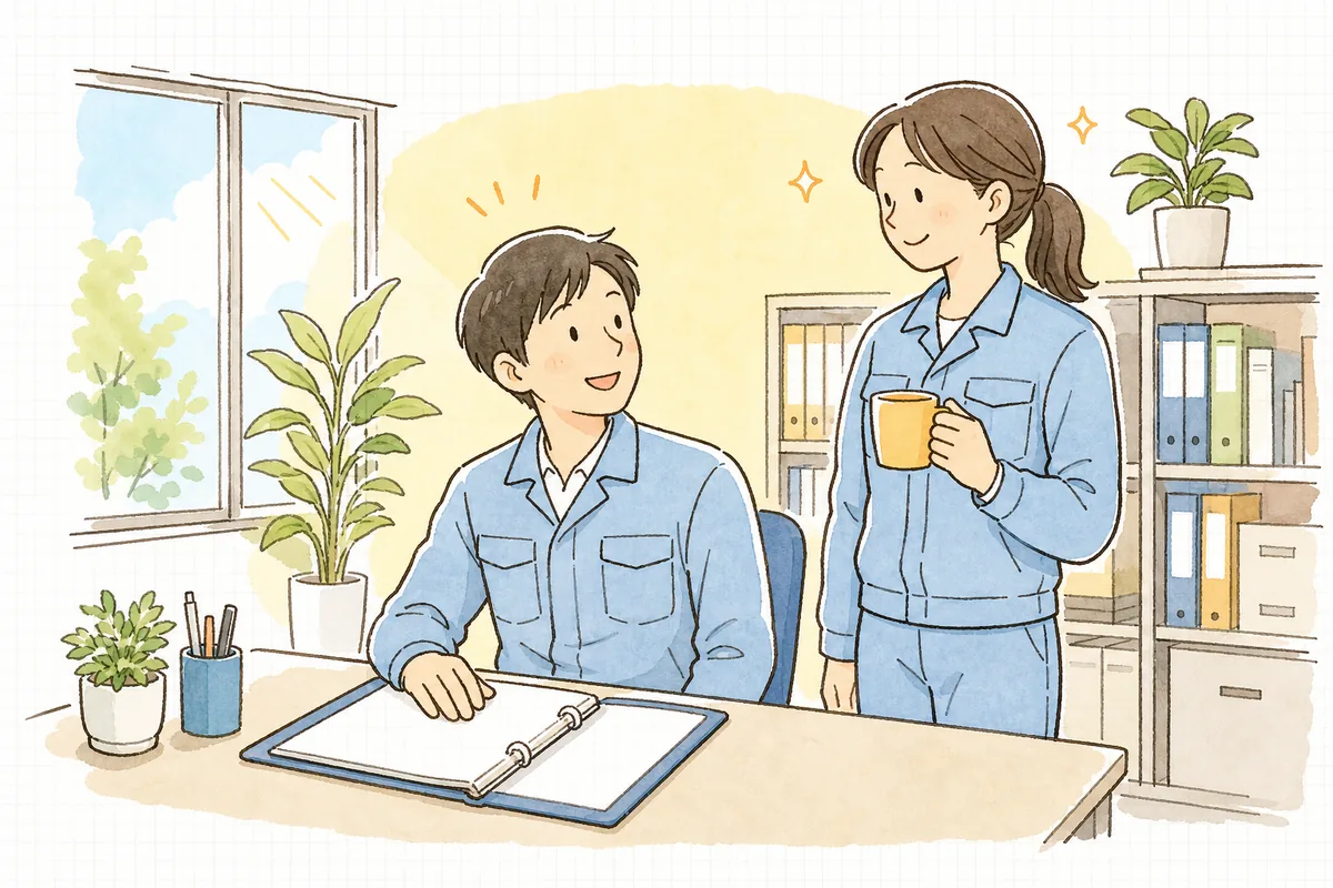 届いた認定証の写しをファイルに綴じ終え、隣の同僚と穏やかに話している産廃の担当者