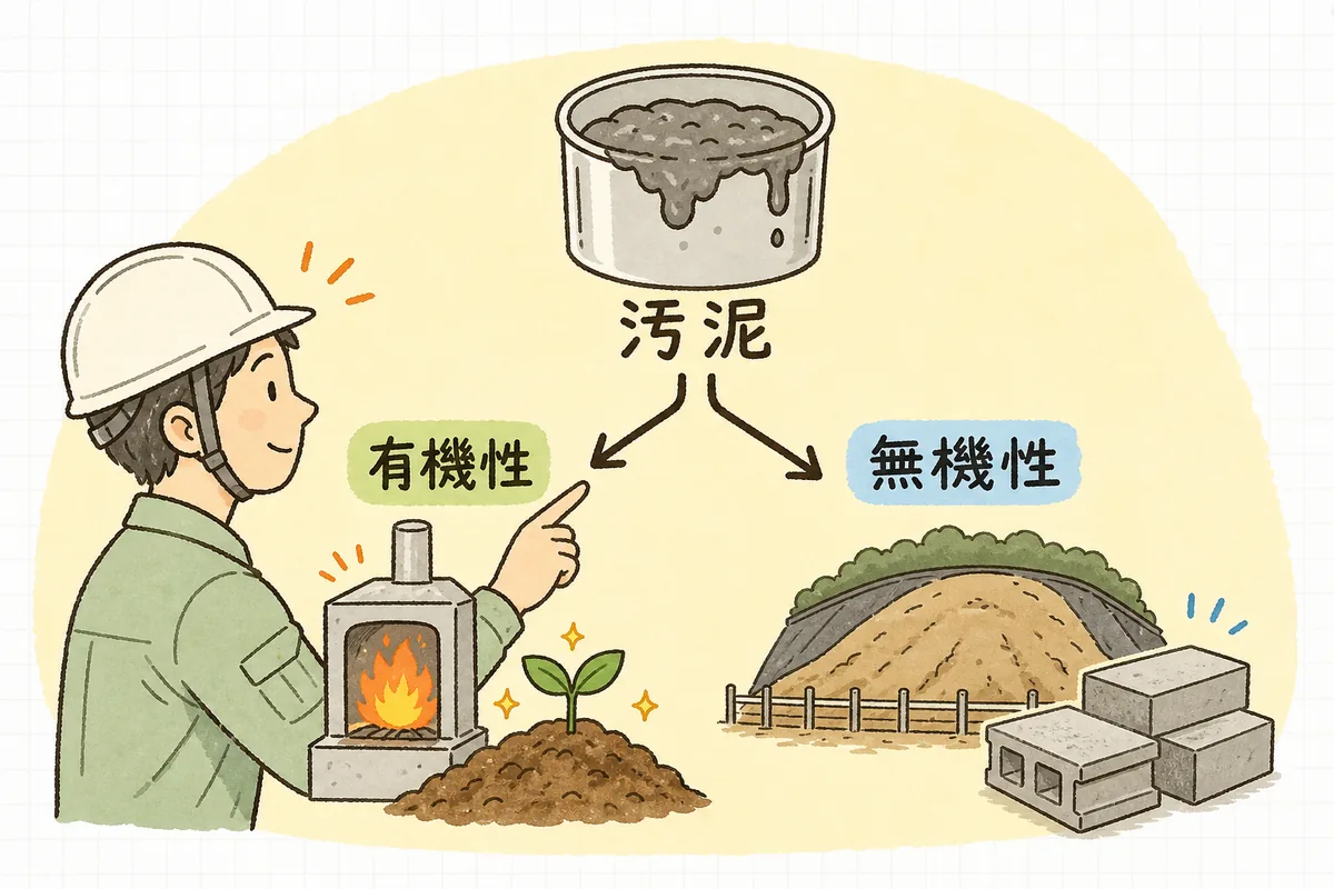 汚泥を有機性と無機性に分け、それぞれ向いている処理方法へつながることを示した図