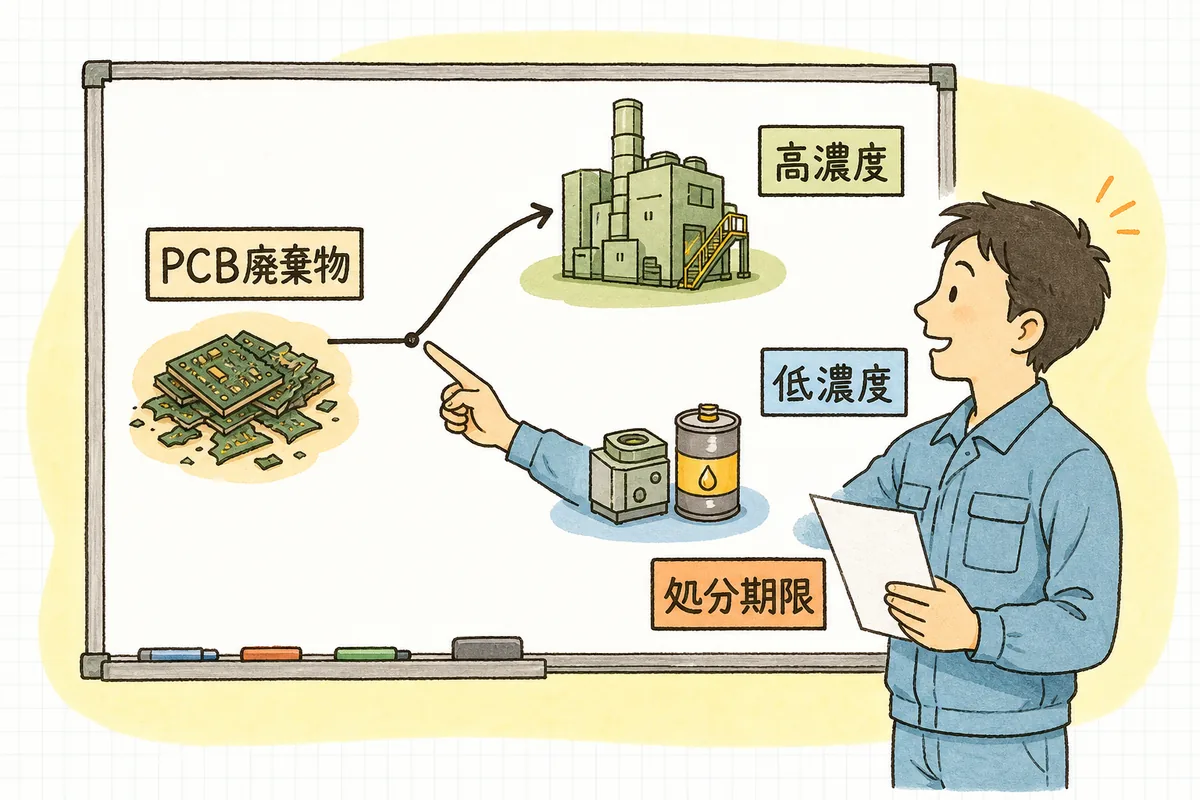 PCB廃棄物を高濃度と低濃度に見分け、それぞれの処分の行き先を確かめる関係図を指し示す担当者