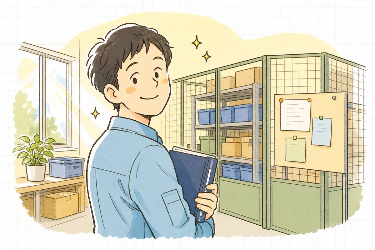 保管台帳を整え終え、片づいた保管スペースを振り返って穏やかな表情を見せる産廃・設備担当者