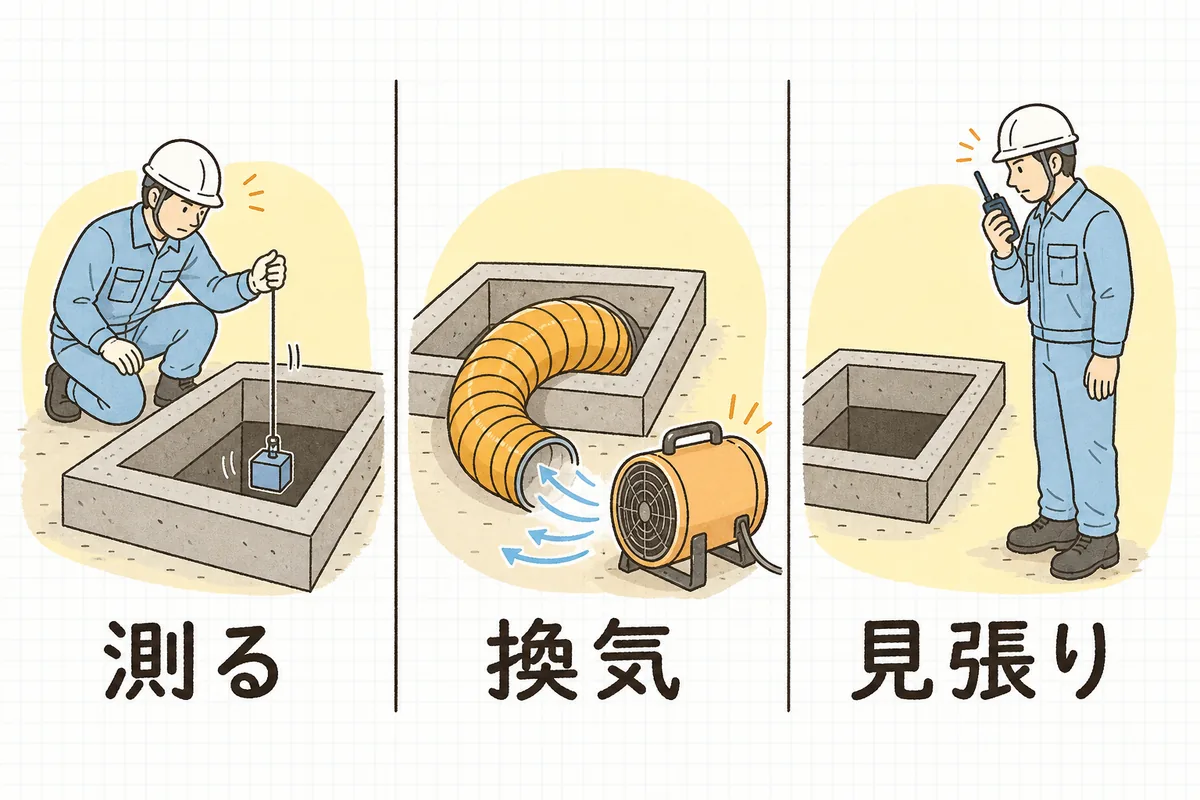 ピットに入る前の3つの手順として、測定器を吊り下ろす作業者・送風機で空気を送る様子・開口部の外で見張る作業者を並べた図