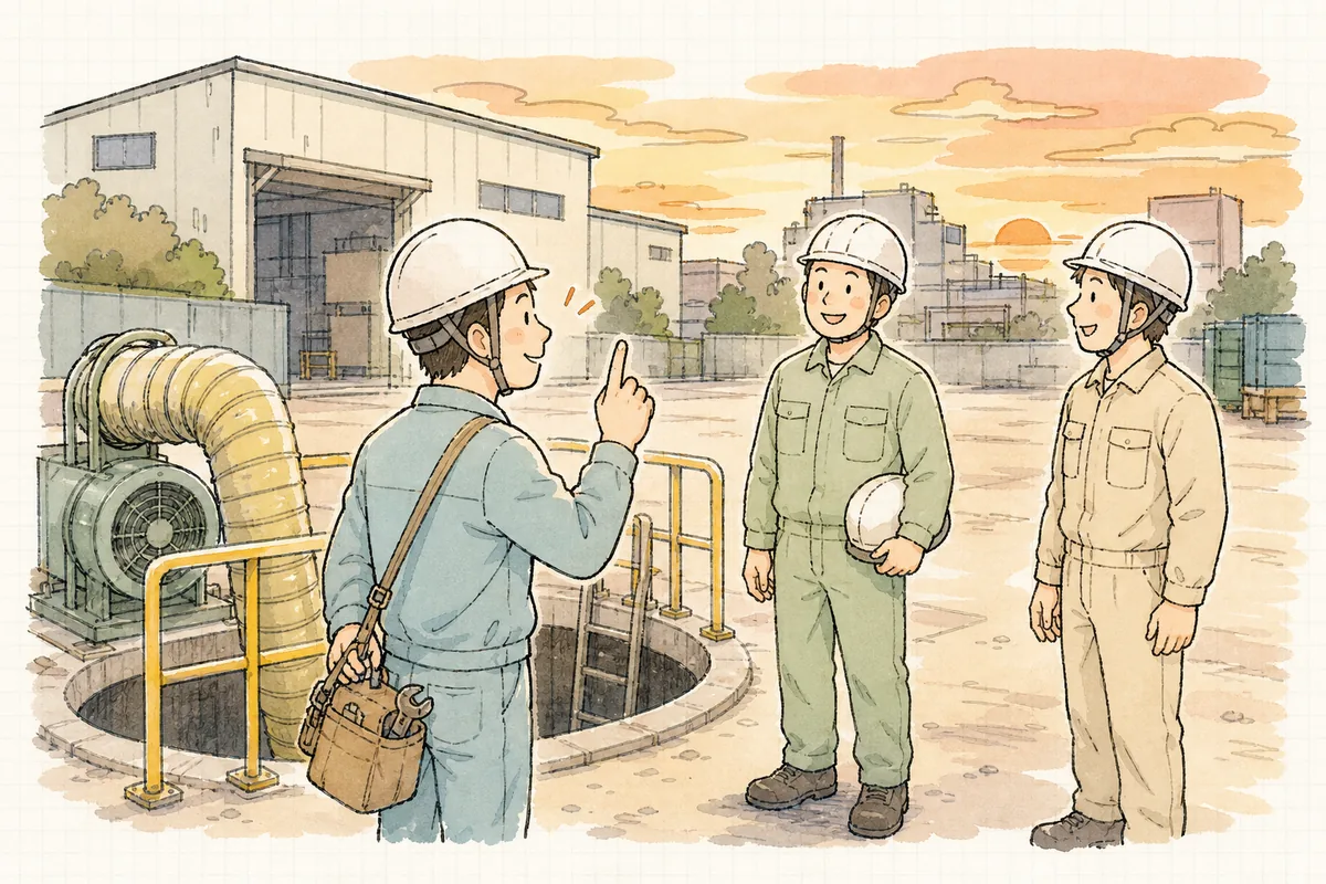 ピットでの作業を終えて全員が外に出そろい、人数を数え合って肩の力を抜いている産廃処理施設の作業員たち