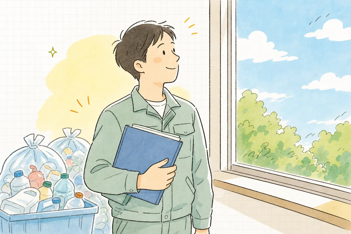 プラごみの量を確認し終えた資料を手に、明るい窓辺で穏やかに一息つく産廃の現場担当者