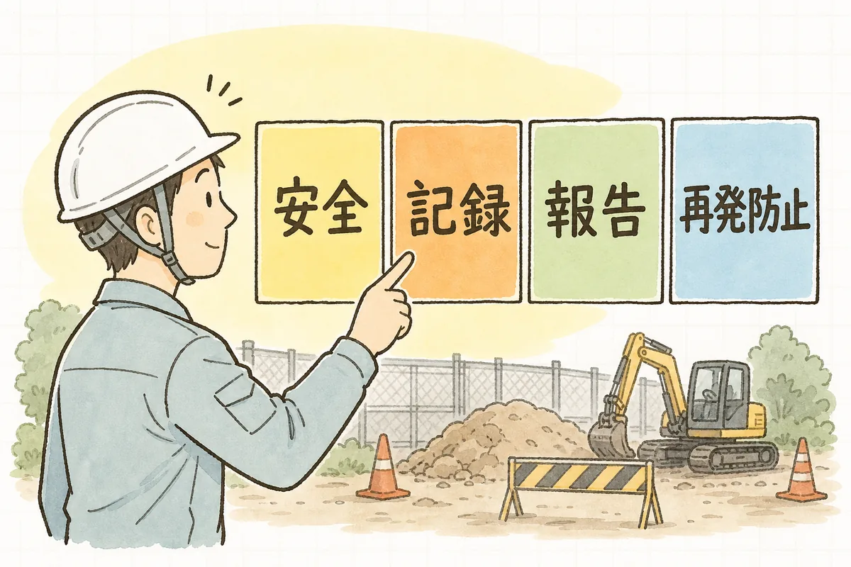 安全・記録・報告・再発防止という4つの初動の順番を左から順に確かめる産廃の現場担当者