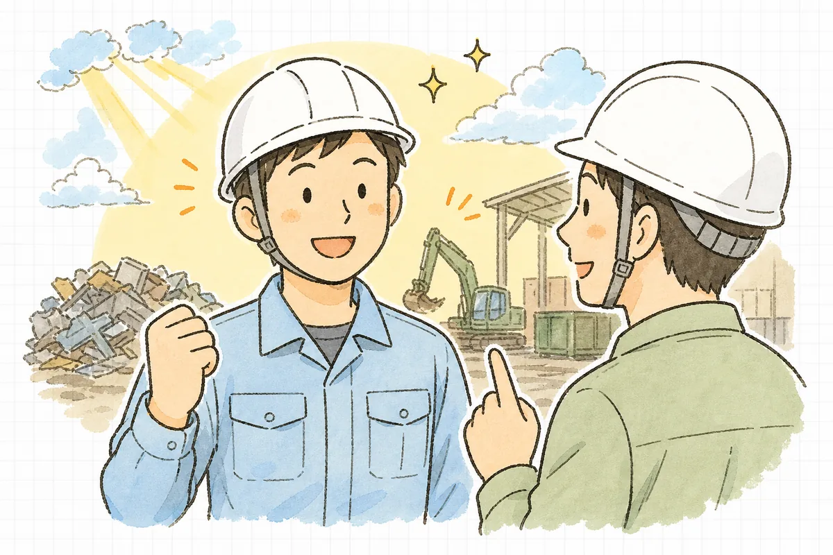 片付けと報告を終え、晴れ間がのぞく屋外の現場で仲間と短く声をかけ合い、ほっと表情をゆるめる産廃の現場担当者