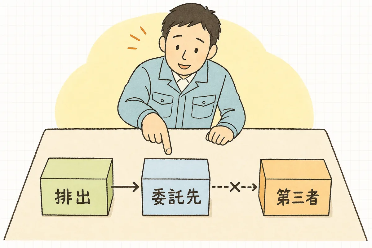 排出事業者から処理業者へ委託された廃棄物が、勝手に第三者へ流れると責任の道筋が見えにくくなることを示す概念図