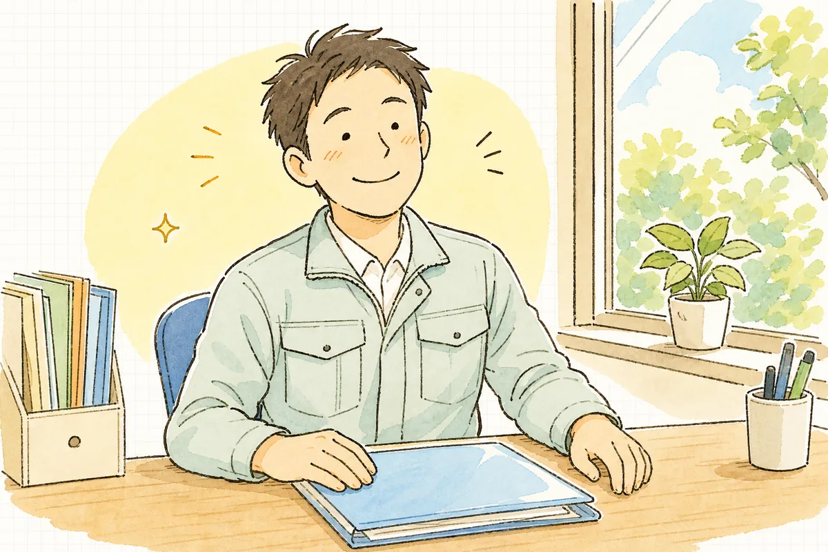 確認を終えた書類を整え、迷いが晴れて穏やかな表情になった産廃の現場担当者