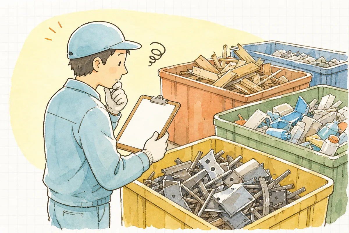 仕分けヤードでさまざまな廃棄物を前に、どの区分か手元のメモで確かめている産廃の現場担当者