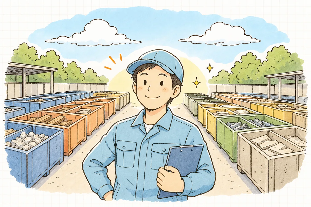 区分ごとに整った保管容器を見渡し、ひと仕事を終えて晴れやかな表情で前を向く産廃の現場担当者