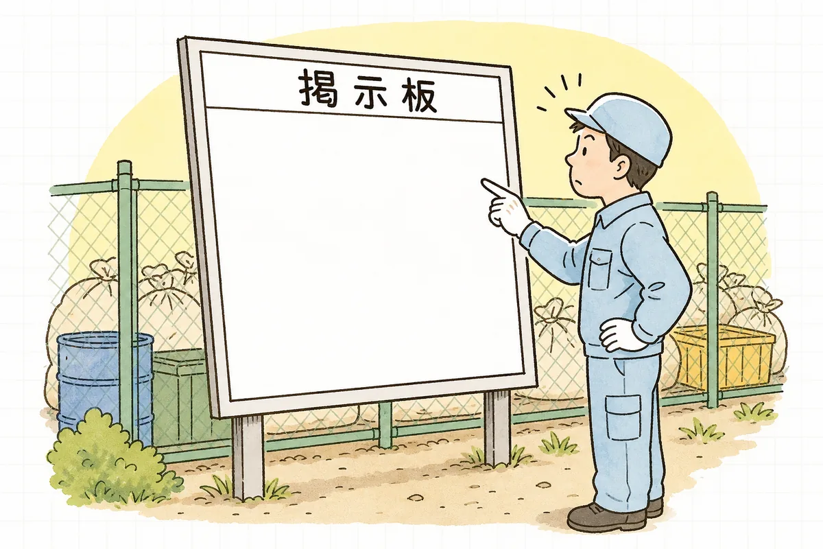 保管場所の掲示板に書く4つの項目を一つずつ指で確かめる担当者