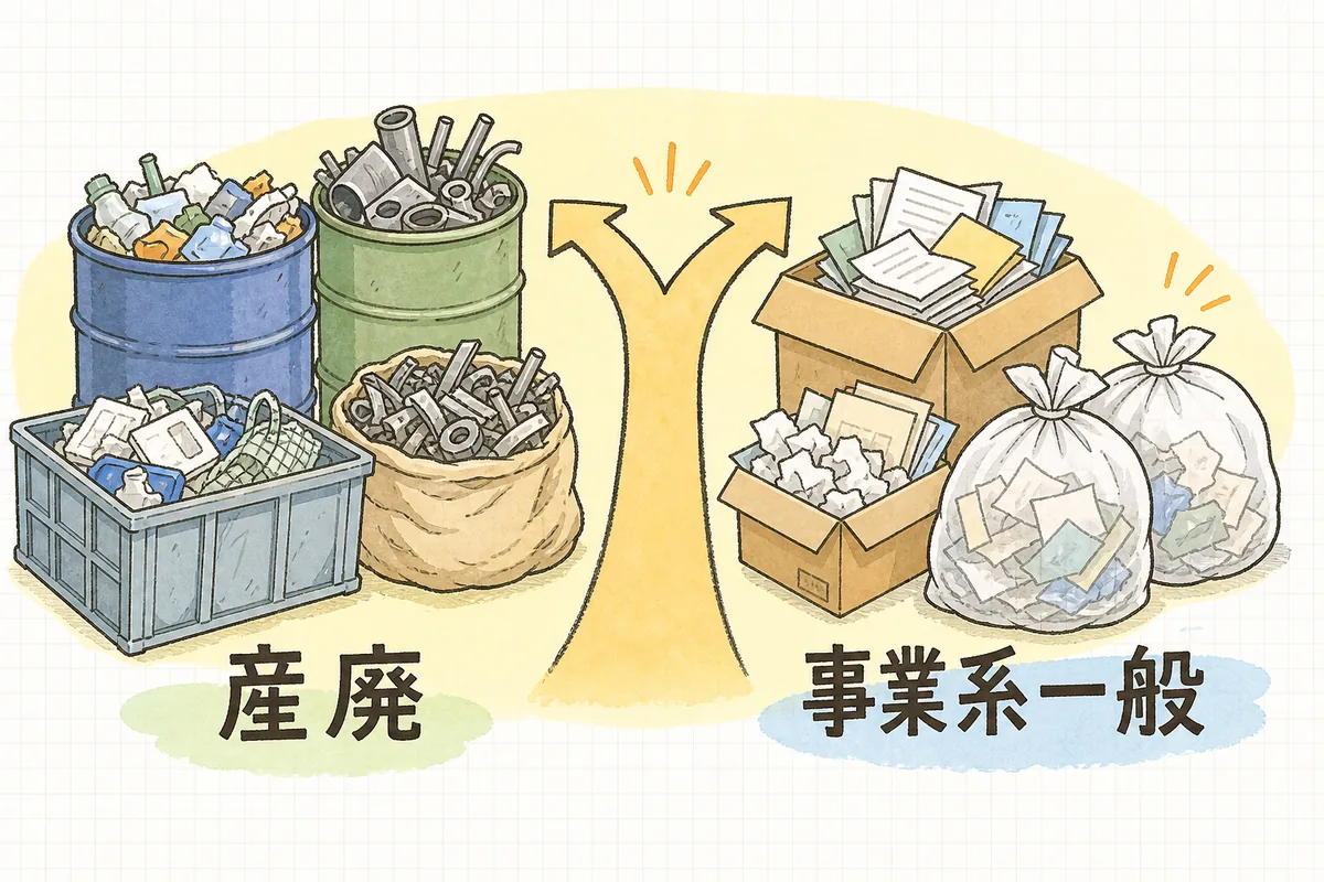 同じ品目のごみでも、出た業種によって産業廃棄物と事業系一般廃棄物に分かれることを示す比較図