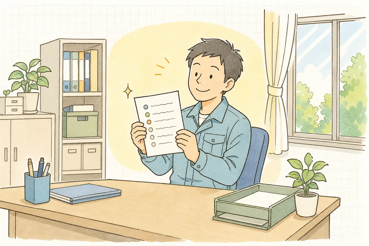 ごみの区分を書き出したメモを手に、行き先が整理できて穏やかに一息つく廃棄物管理担当者
