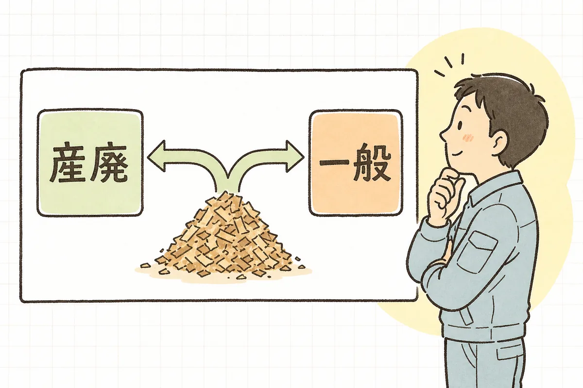 同じ木くずでも、指定業種から出れば産業廃棄物、それ以外の業種から出れば一般廃棄物に分かれることを示した概念図
