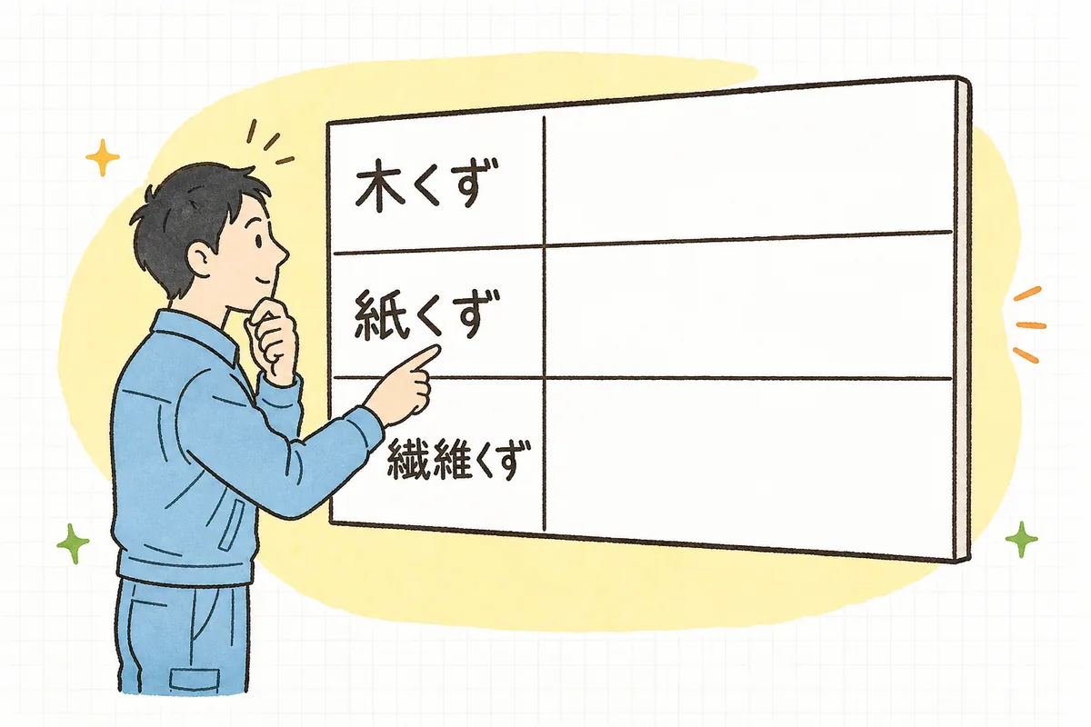 木くず・紙くず・繊維くずごとに、産廃になる指定業種を並べて確認するイメージ図
