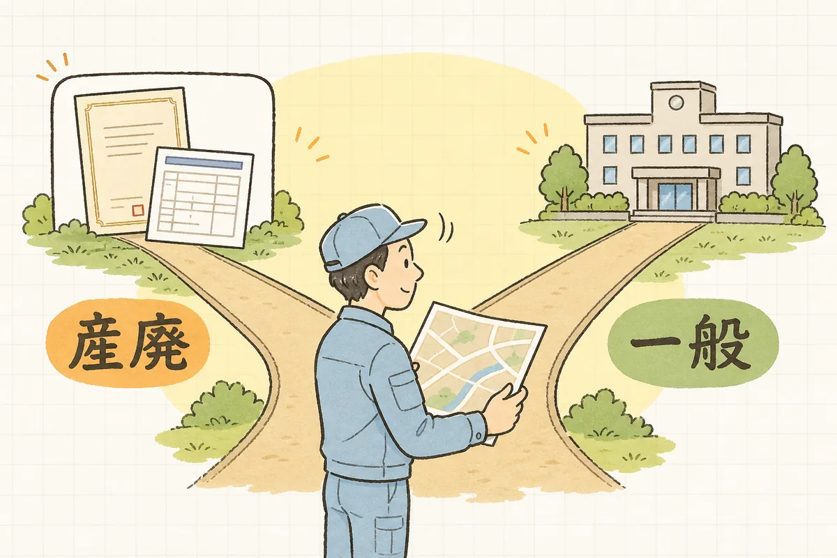 産業廃棄物なら許可業者とマニフェスト、一般廃棄物なら市区町村のルール、と行き先が分かれることを示した図