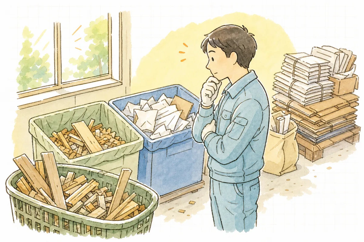 現場で出た木の端材や紙くずを前に、これは産廃なのか一般ごみなのか手を止めて考える産廃の担当者