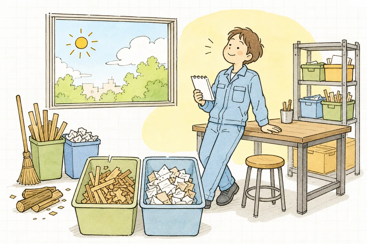 木くずと紙くずの分別を整理し終えて、すっきりした表情で一息つく産廃の担当者