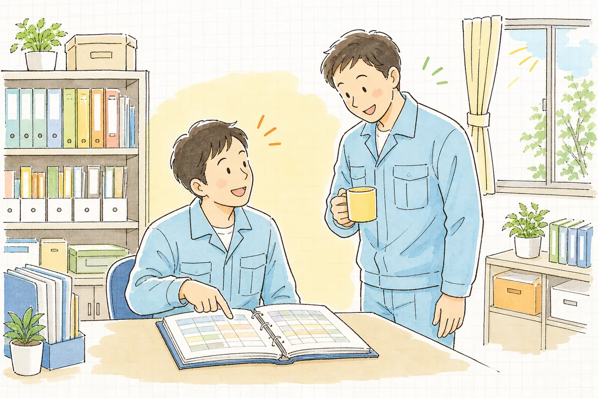整理された管理台帳を開き、聞かれたことにその場で答えている産廃担当者と、隣で一緒に台帳をのぞき込む同僚